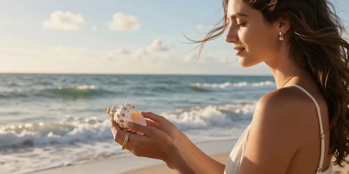 Adorning ethical jewellery London by the seaside, woman holding seashell in serene beach setting.