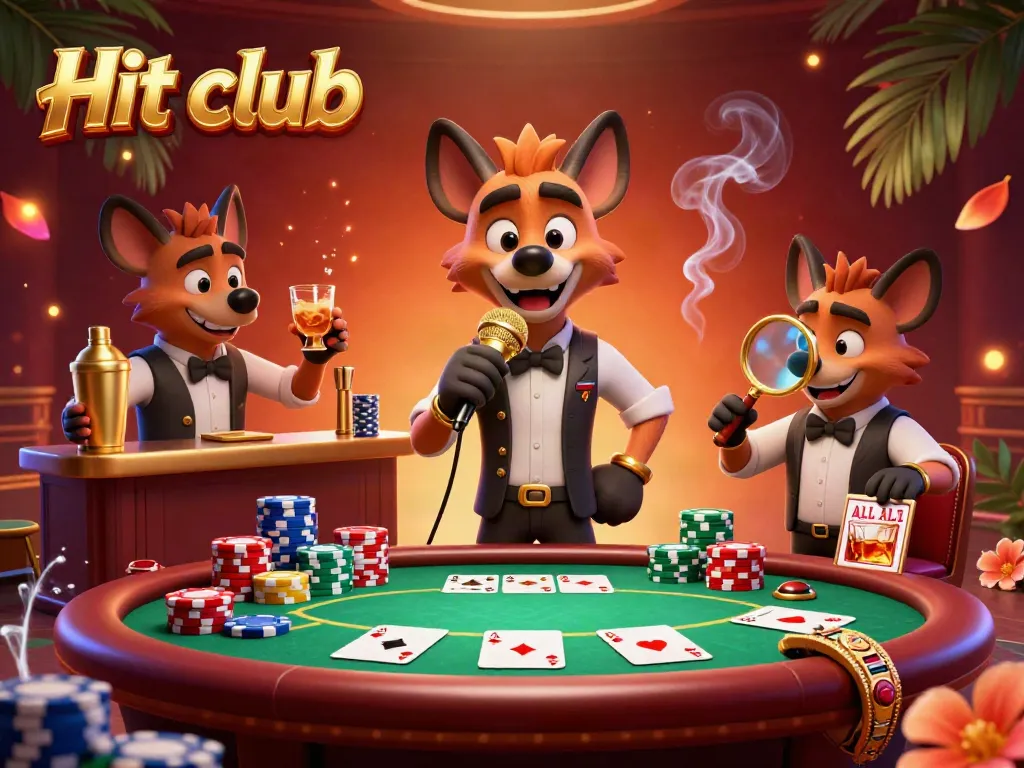 Hit club comedy casino scene with cartoon hyenas engaging in poker games and lively ambiance.