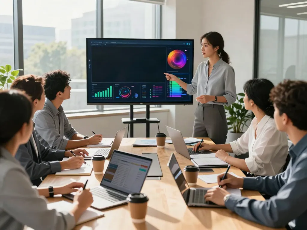 Consultants collaborating in a modern office, discussing strategies and data.