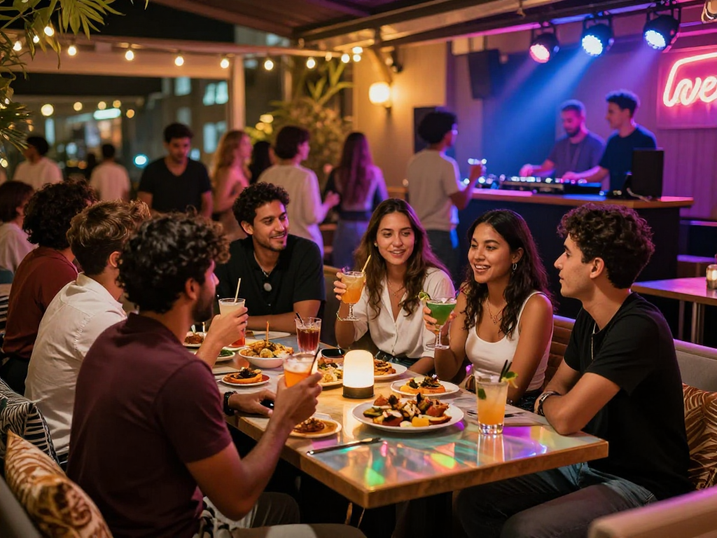NSFW urban nightlife scene with friends enjoying cocktails and music