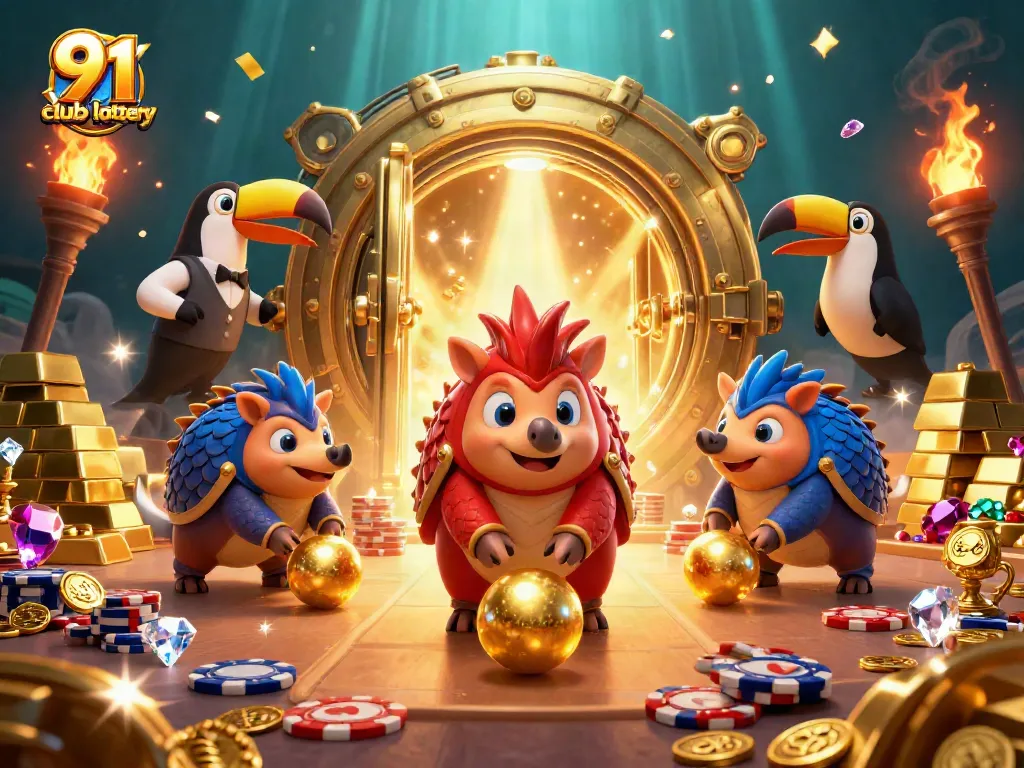 Pangolins bowling through poker chips in an exciting 91 club lottery theme with vibrant gems and gold.