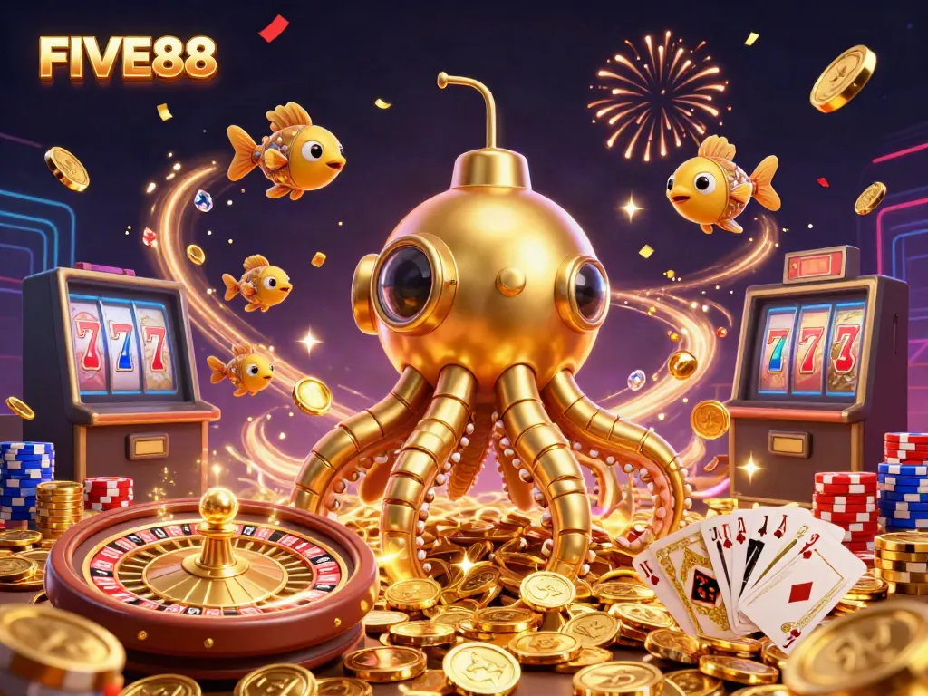 Engage with the exciting world of FIVE88, featuring the golden kraken submarine amidst vibrant casino elements.