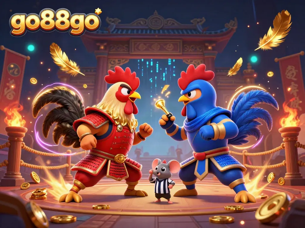 Engage with the thrilling standoff of go88go's roosters, featuring dynamic feathers and vibrant gaming elements.