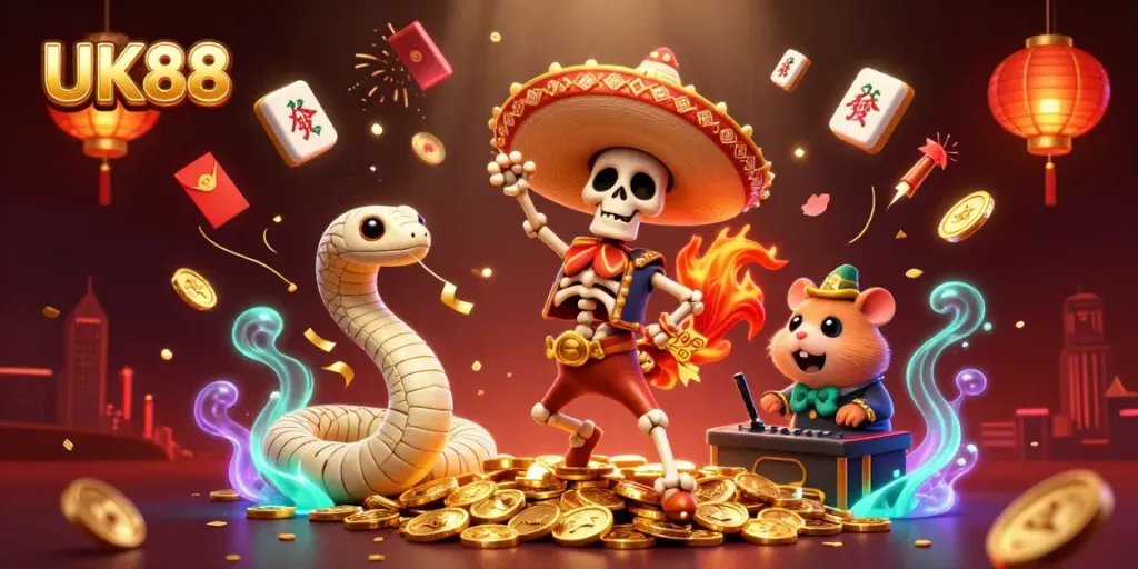 Experience the exciting world of UK88 with a vibrant 3D illustration showcasing a fiesta of gambling elements.