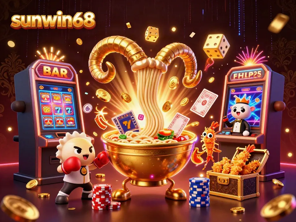 Watch the thrilling sunwin68 casino scene come alive with a giant ramen bowl dealer amidst flying jackpots and casino action.