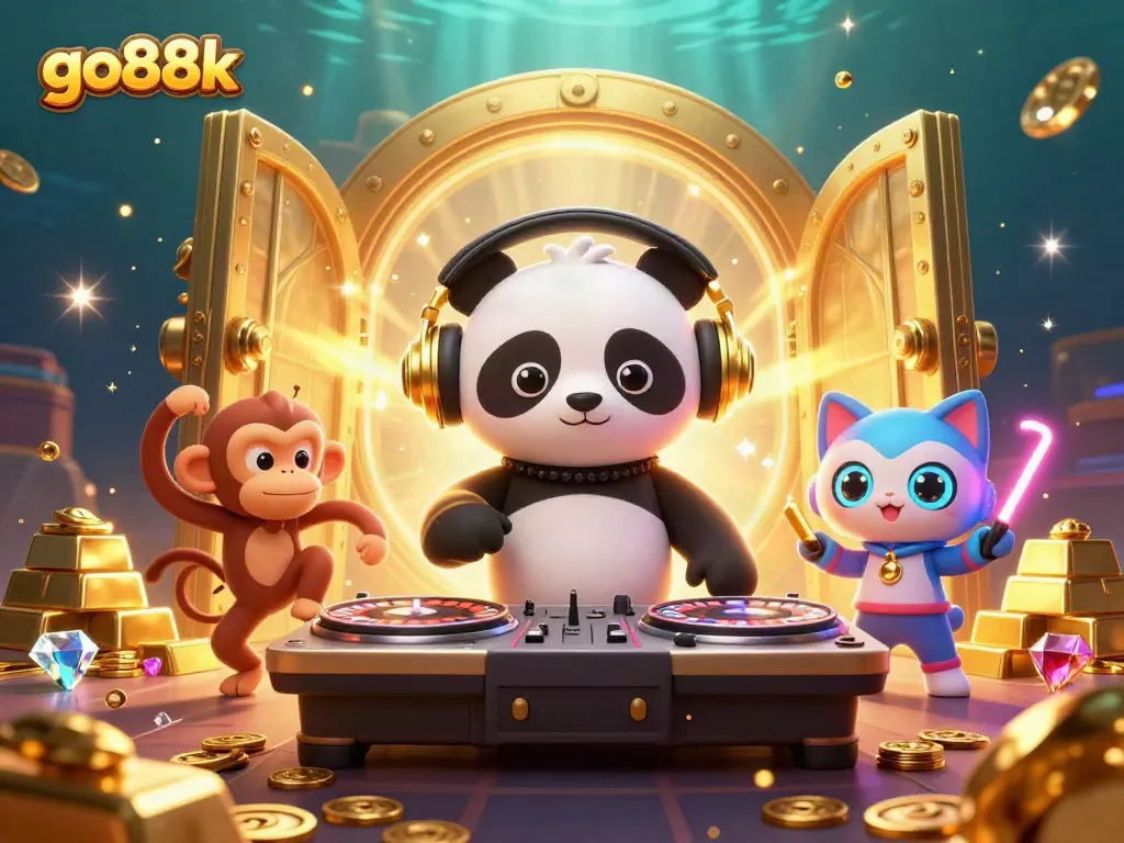 Join the excitement with go88k at this dynamic casino scene featuring vibrant characters and gaming elements.