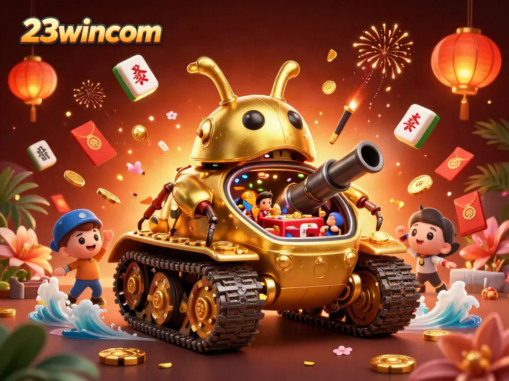 Experience gaming thrills with 23wincom's casino-inspired illustration featuring vibrant 3D elements.