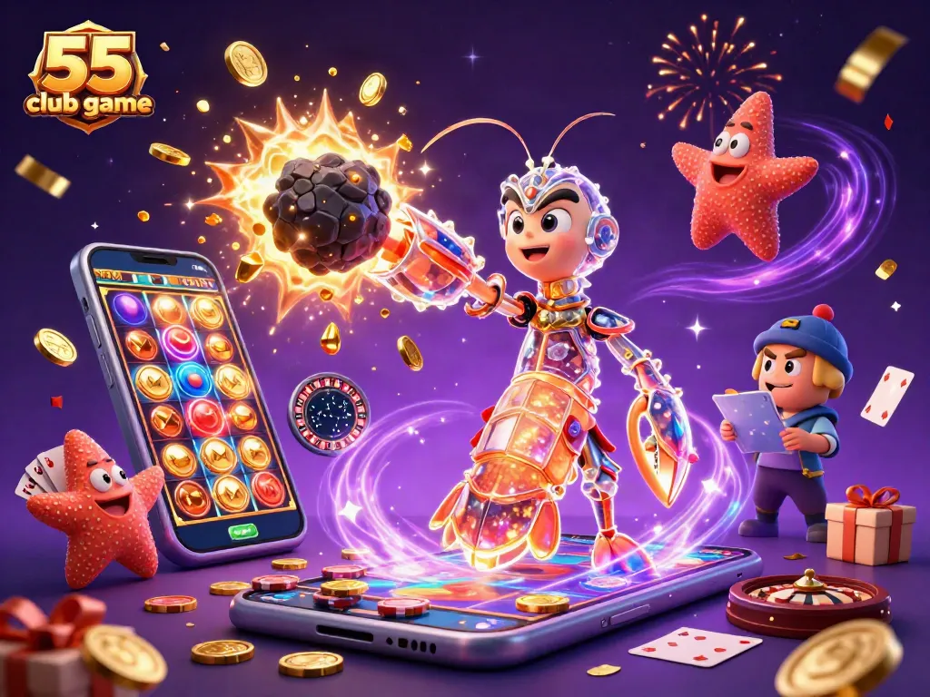A 3D cartoon illustration of the 55 club game featuring a galactic samurai mantis shrimp triumphing in a vibrant casino atmosphere.