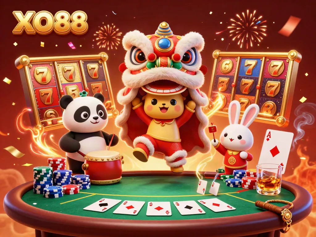 Experience the excitement of XO88 casino with lion dancers, poker chips, and festive decorations.