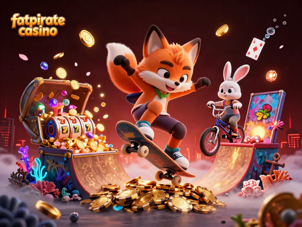 Engage with the thrilling fatpirate casino atmosphere featuring skateboard tricks and vibrant slot elements.