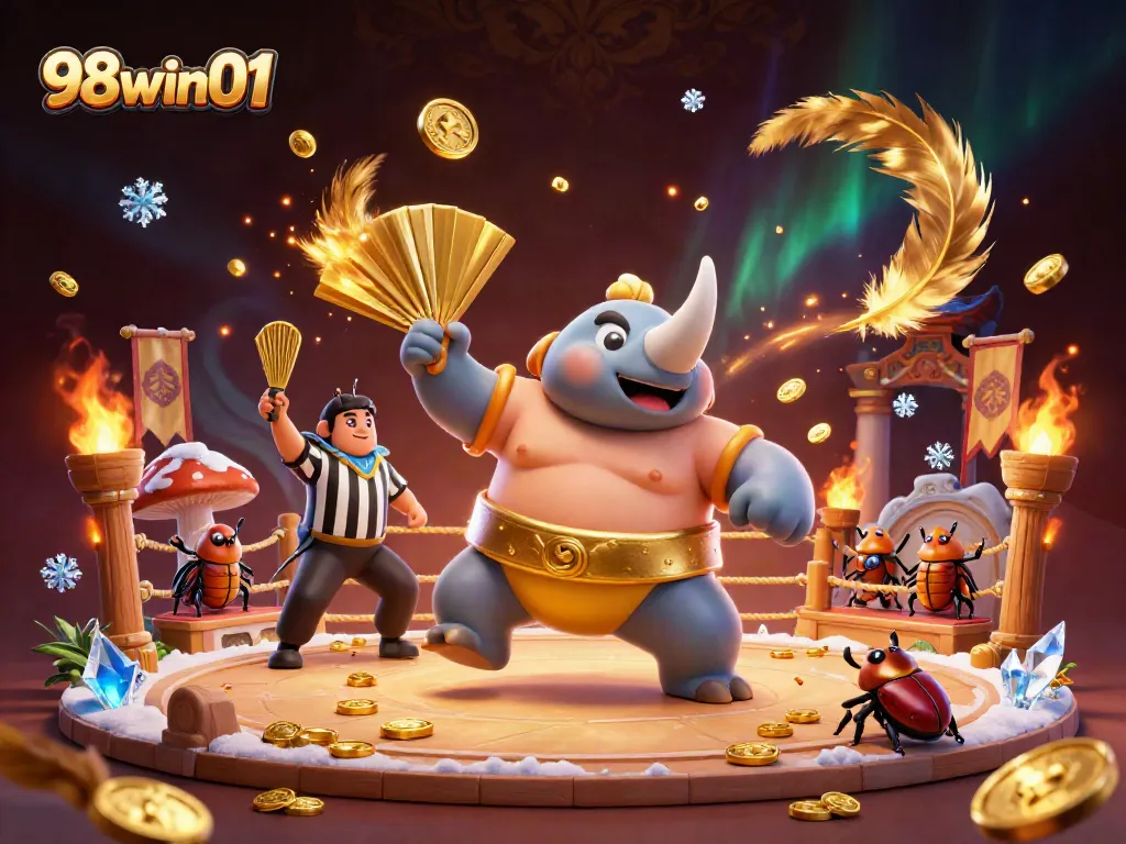 Experience thrilling gameplay at 98win01 with a dynamic scene of a sumo beetle champion and vibrant casino atmosphere.