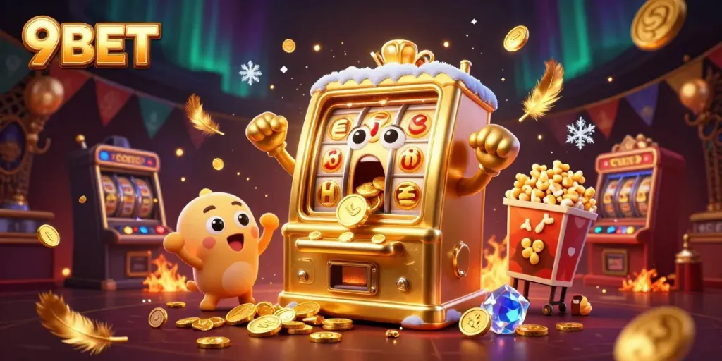 Win big at 9BET with golden slot machine hitting the jackpot amidst a vibrant casino scene.