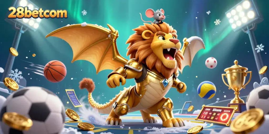 Bet exciting sports events with 28betcom, featuring a dynamic 3D chimera illustration full of thrilling gaming elements.