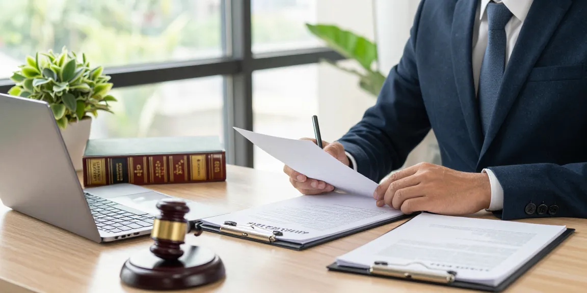 Kira sözleşmesi örneği inceleyen avukat, profesyonel ofis ortamında hukuki belgeleri gözden geçiriyor.