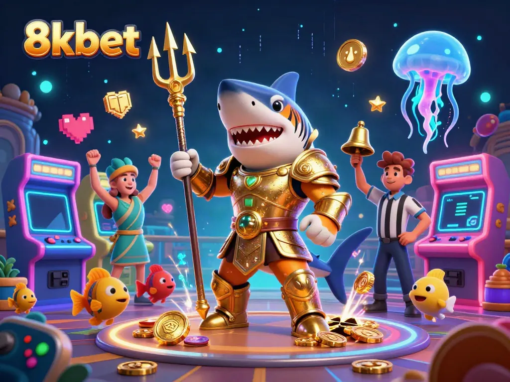 Experience excitement with 8xbet's vibrant casino gaming scene featuring a tiger shark in gladiator armor.