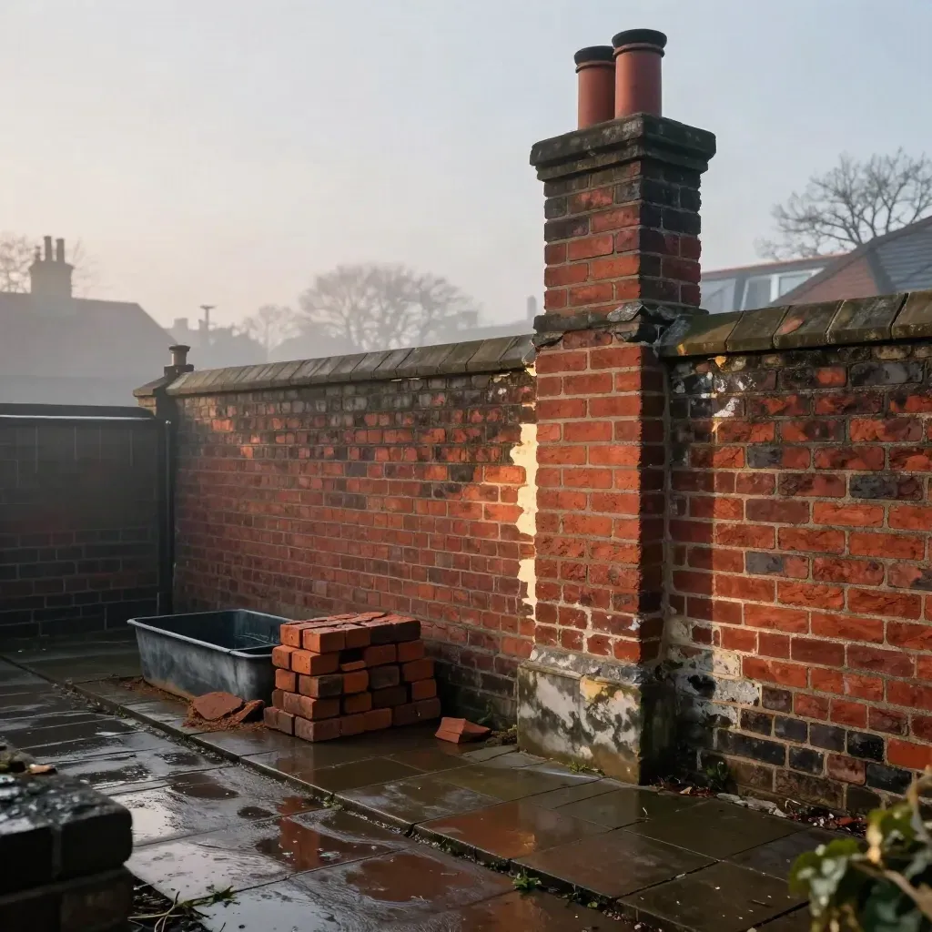 Dawn-lit rebuilt garden wall and chimney stack, wet paving, mortar tubs and stacked brick stock in mist.