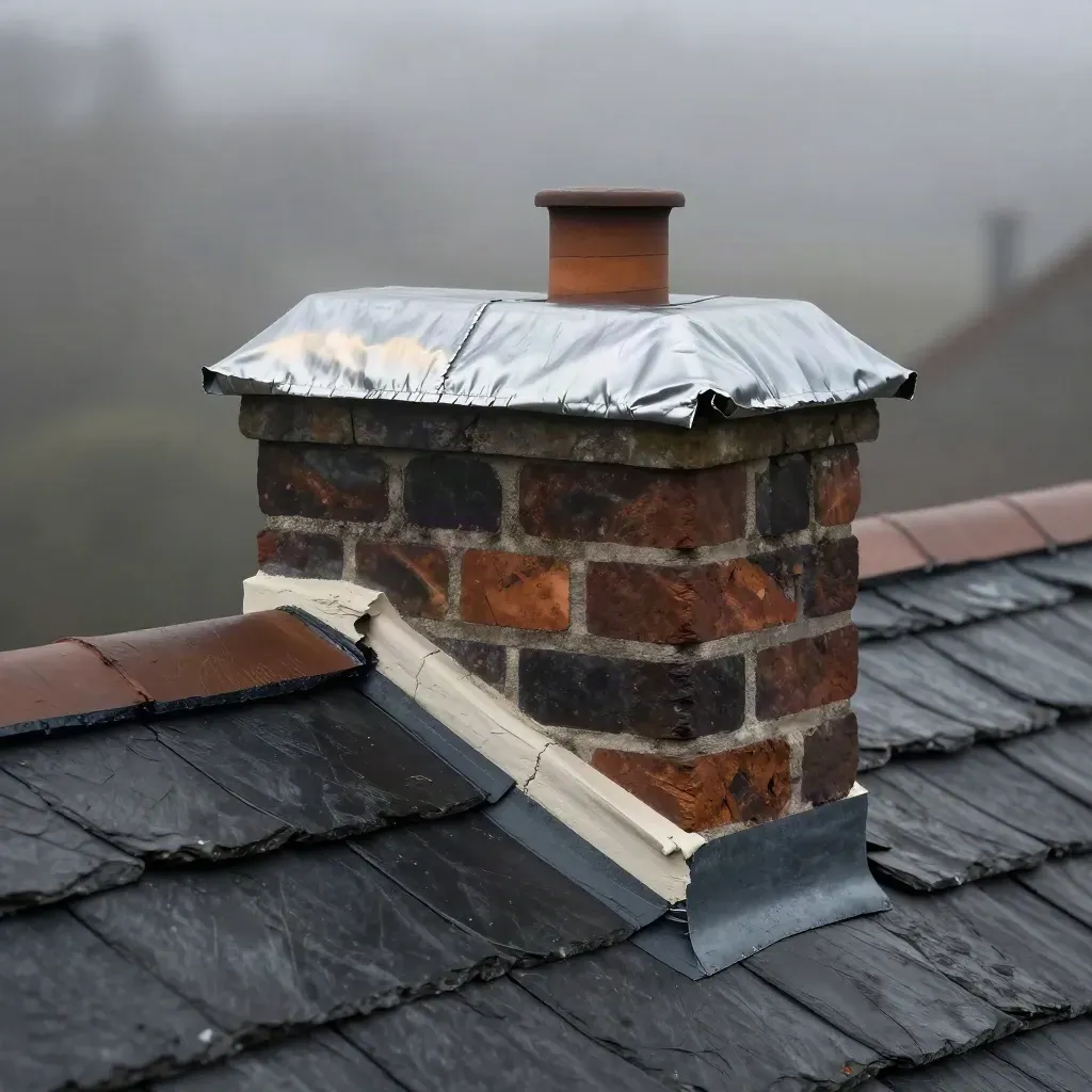 Repaired chimney stack on a slate roof with flashing and a capped pot in misty light