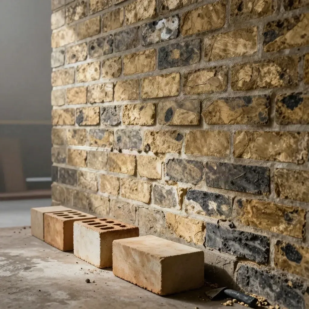 Weathered London stock wall with a matched repair bay and sample bricks in soft overcast light.