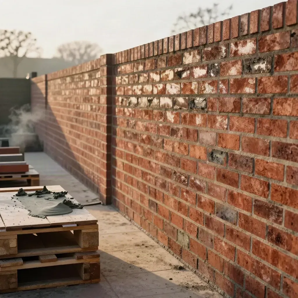New brick wall rising beside pallets and fresh mortar in a back garden, low warm morning light.