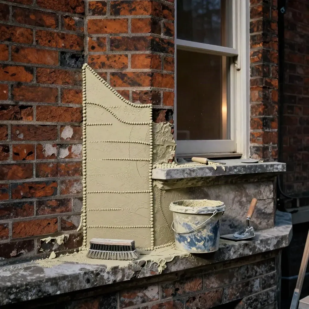 Victorian brick bay repointed with fresh lime mortar, bucket and tools below the sill