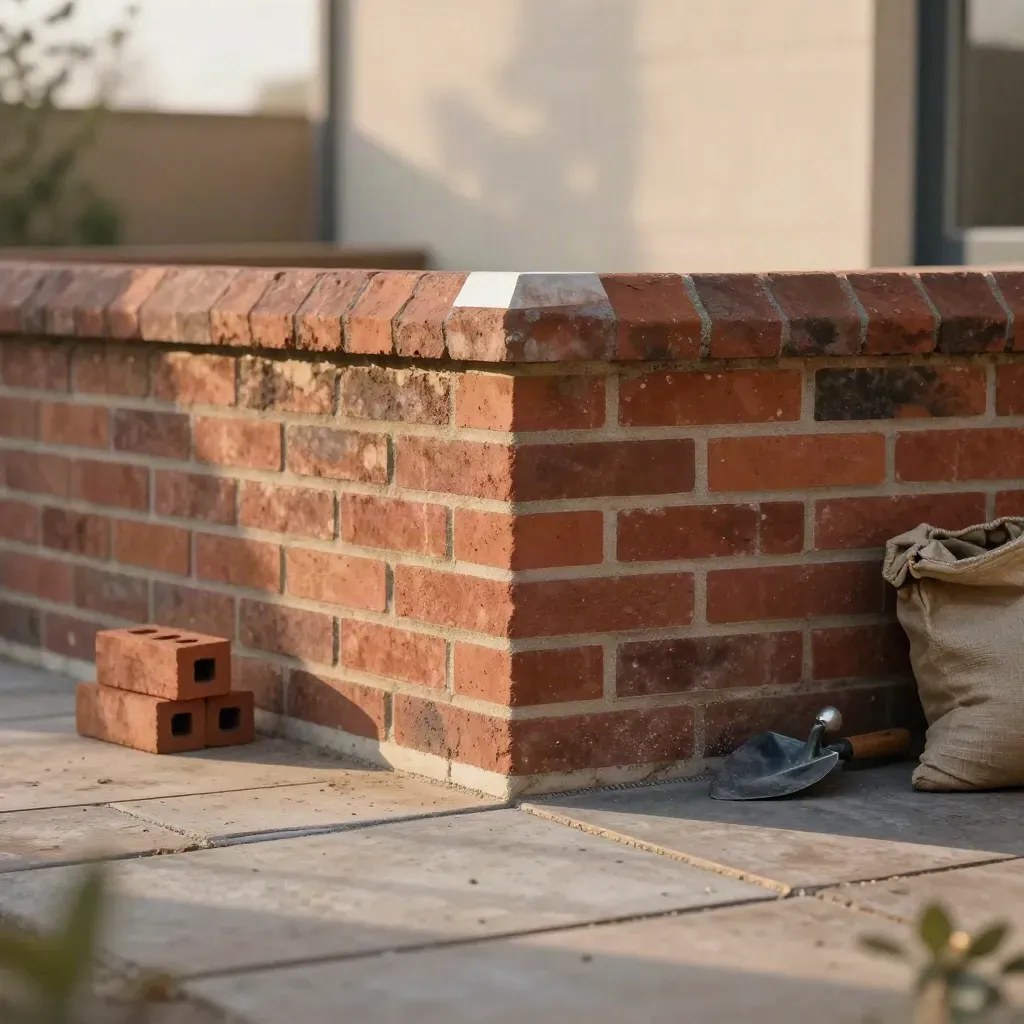 Brick extension corner meeting a crisp patio edge with matching mortar and paving