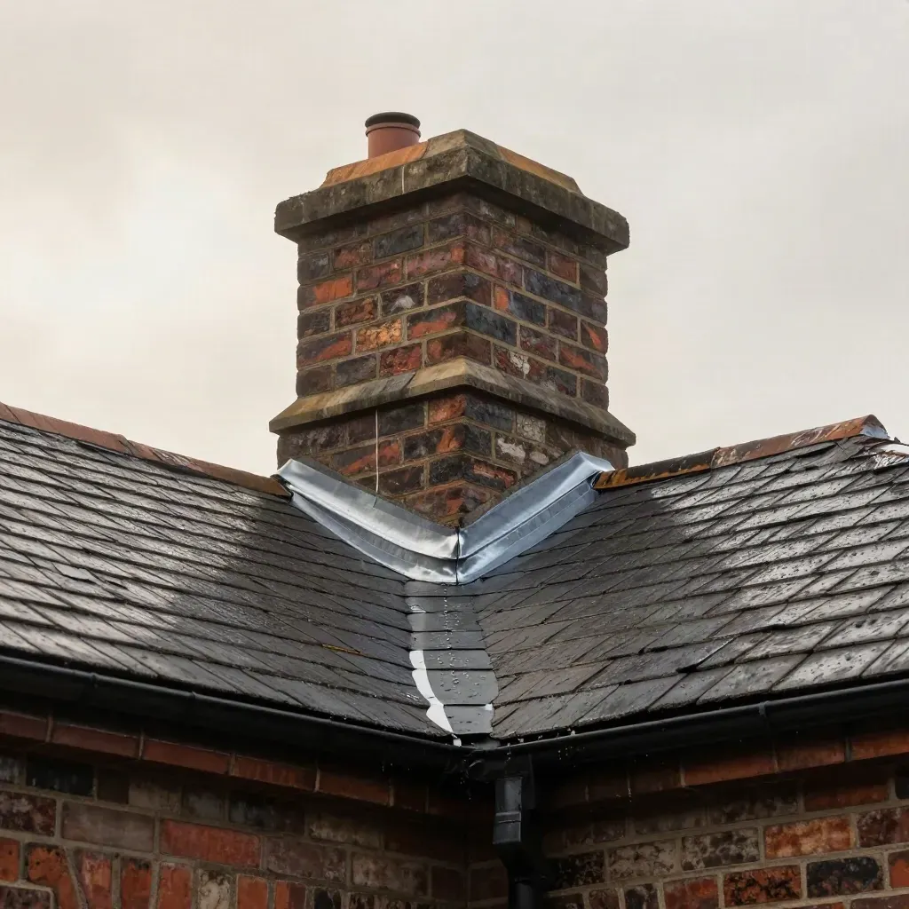 Repaired chimney stack with fresh flashing on a slate roof above South London terraces.