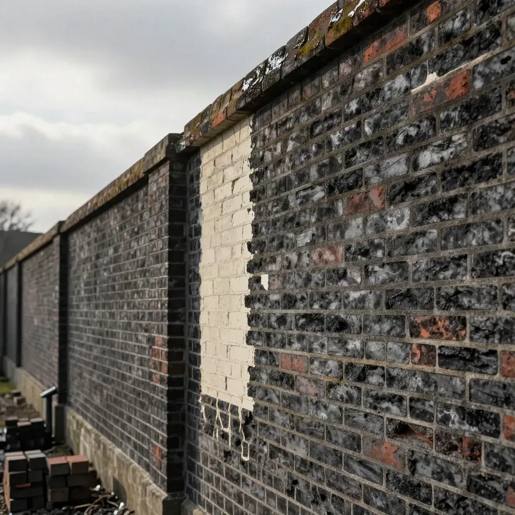 Victorian wall with a nearly invisible matched brick repair and soot patina