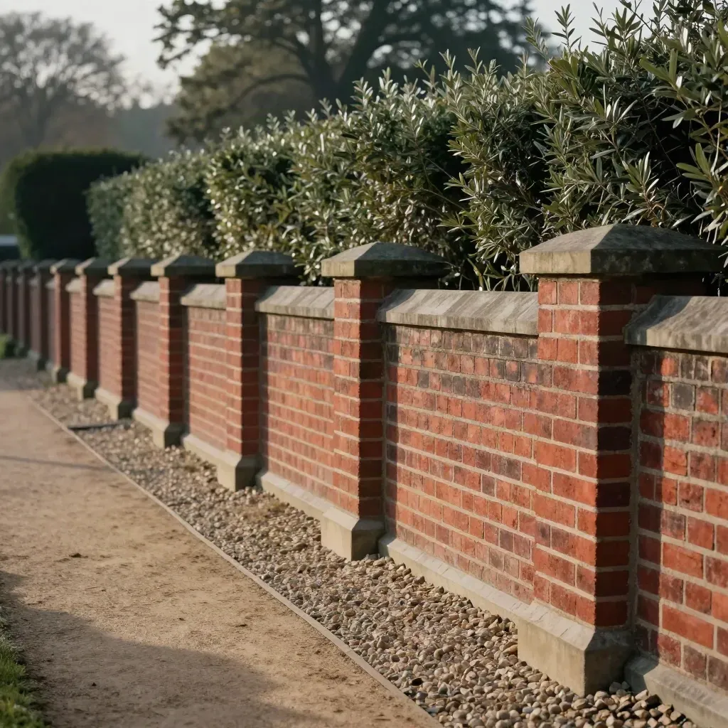 Low garden wall with piers, coping stones, gravel edging, and a blurred hedge beyond.