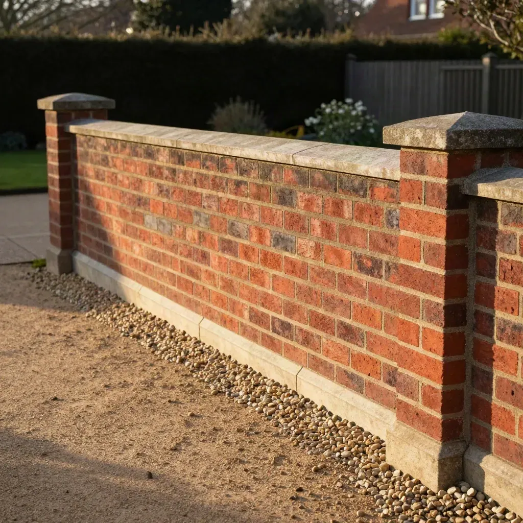 Rebuilt brick garden wall with coping stones and swept gravel beside a restored boundary.