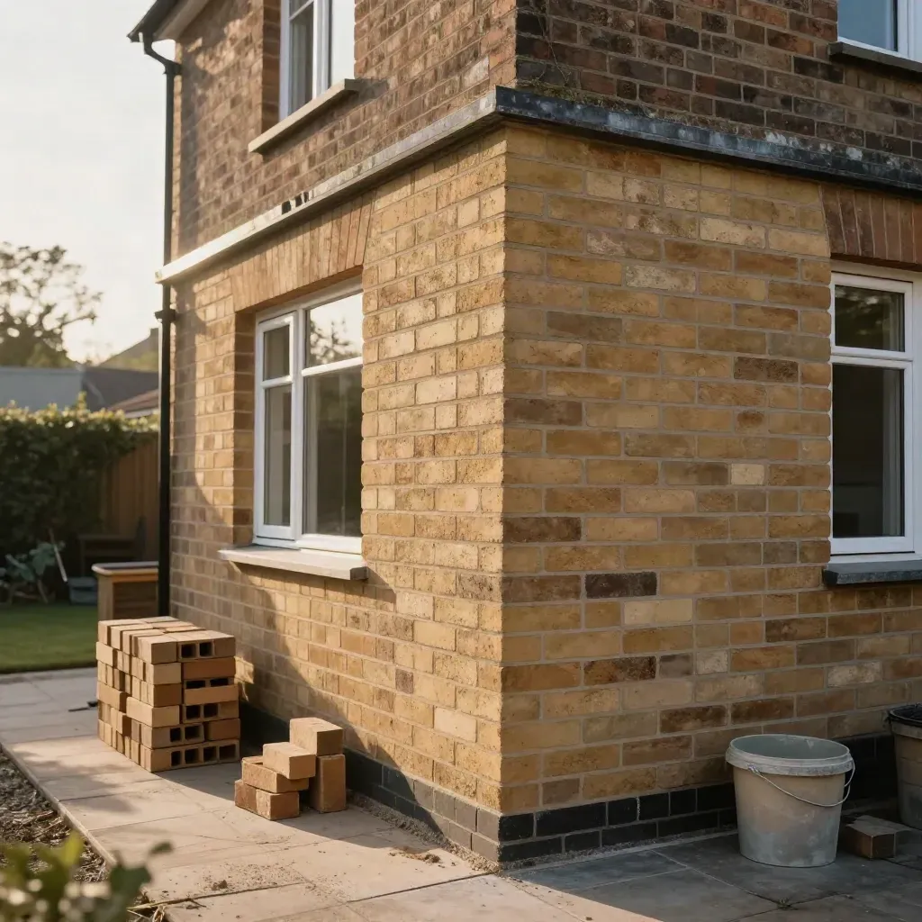 Finished extension brickwork with clean corner returns tying into the original house.