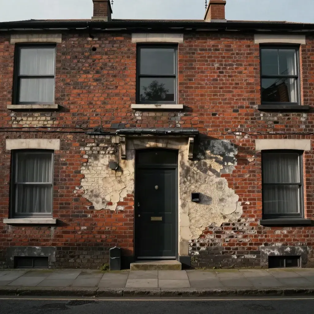 Patched terraced house frontage with fresh repointing, repaired reveals and a swept threshold.