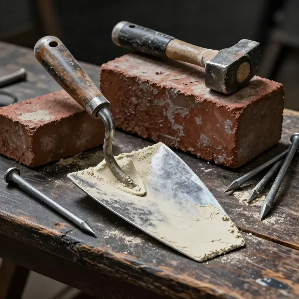 Mortar-marked bricklaying tools on a dark bench in dramatic low-key studio light.