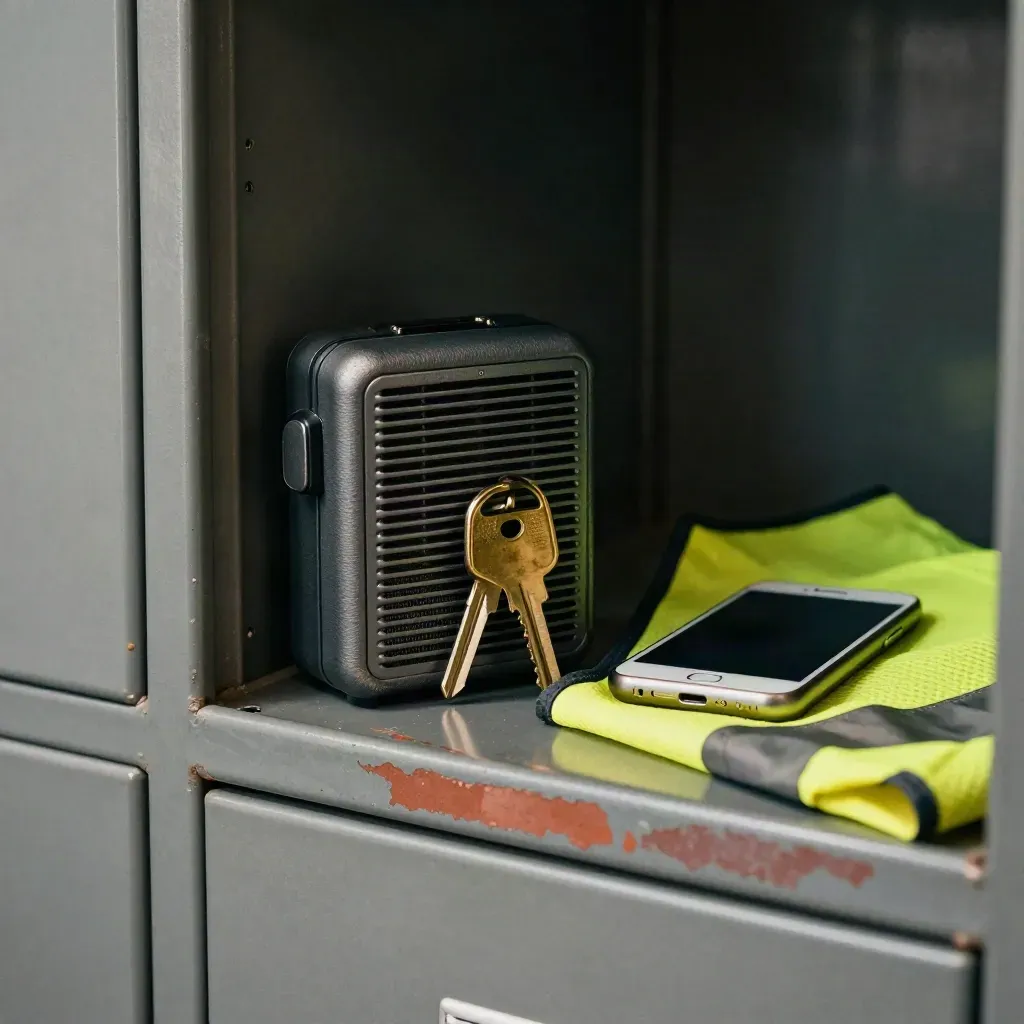 Site radio, keys, phone, and hi-vis vest on a locker shelf in dramatic sidelight.