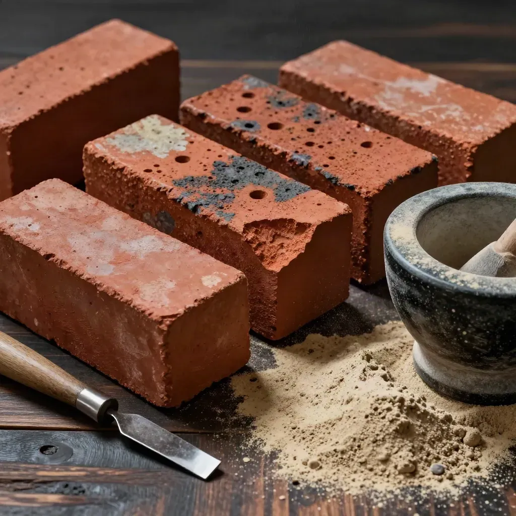 Macro still life of reclaimed bricks with pointing tools and a mortar hawk on dark timber.