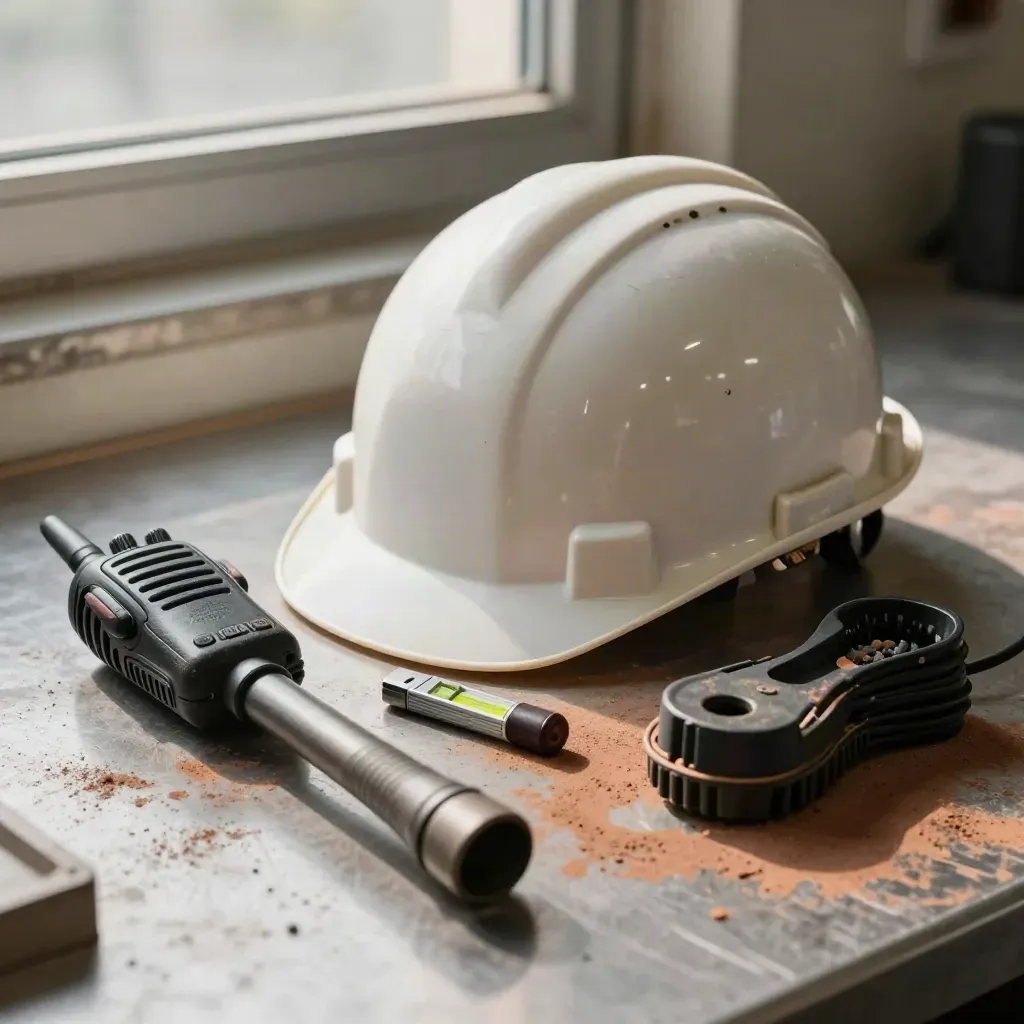 Supervisor tools on brushed steel: hard hat, radio, torch, level, and charger cradle.