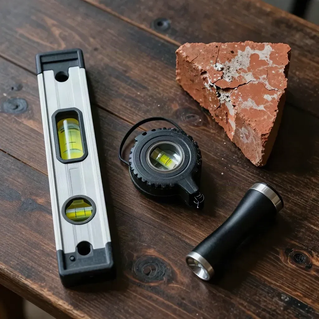 Site-check tools on a dark timber bench: level, chalk line reel, broken brick, torch.