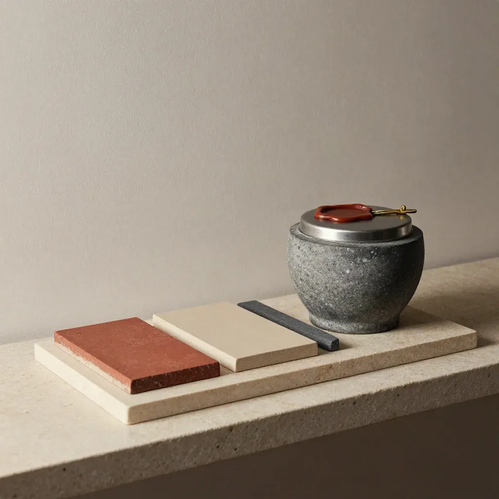 Brick shade samples and mortar jar on a pale stone tray with a brass clip, softly lit from one side.