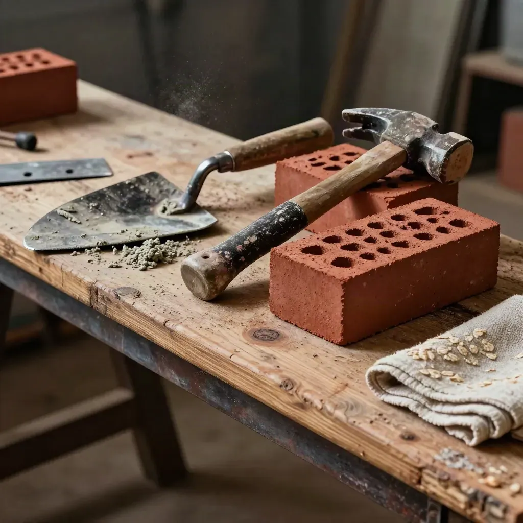 Bricklaying tools and brick offcuts on a scarred board with mortar and cloth