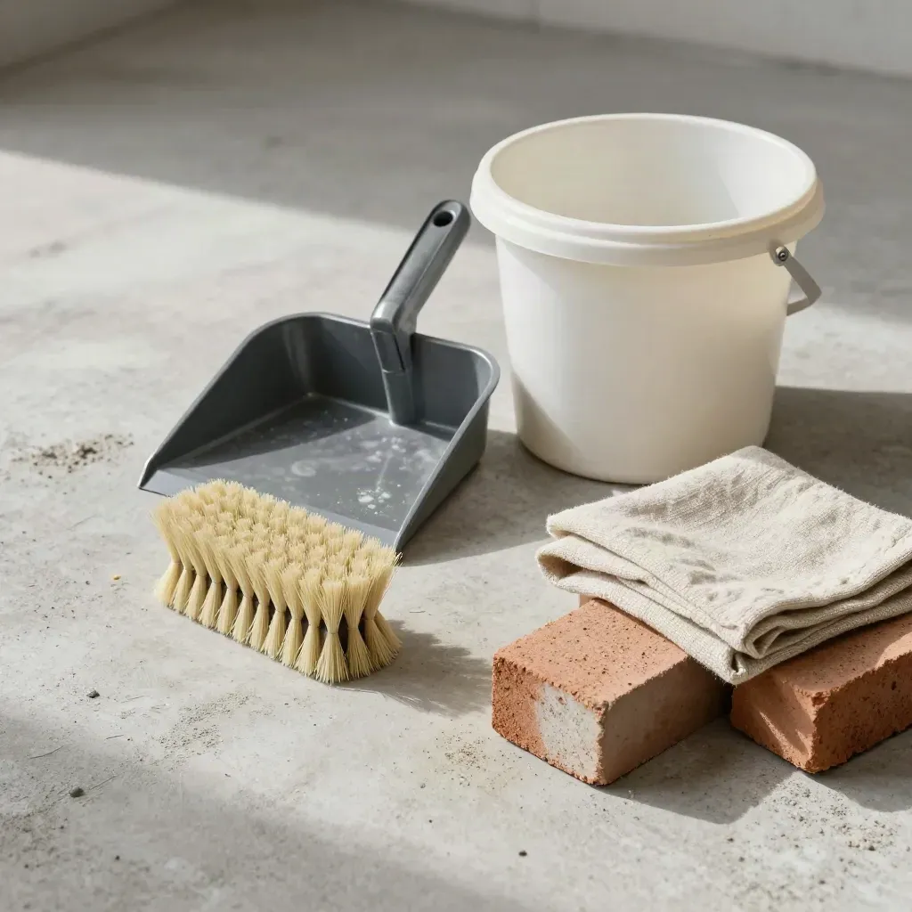Brush, dustpan, bucket, rag and tidy brick offcuts on pale concrete in soft side light.