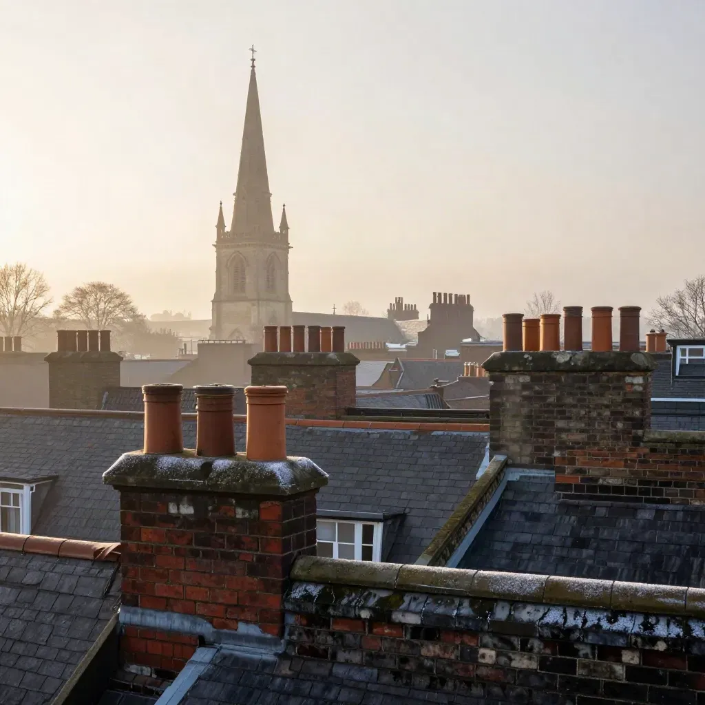 South London rooftops and a church spire in winter haze above calm brick terraces.