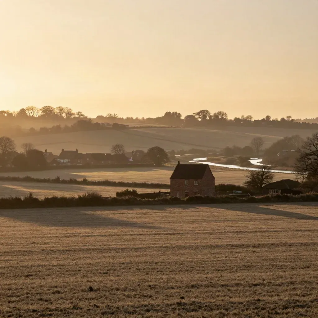 Golden North Kent valley with oast house, chalk fields, mist, and distant brick village edge.