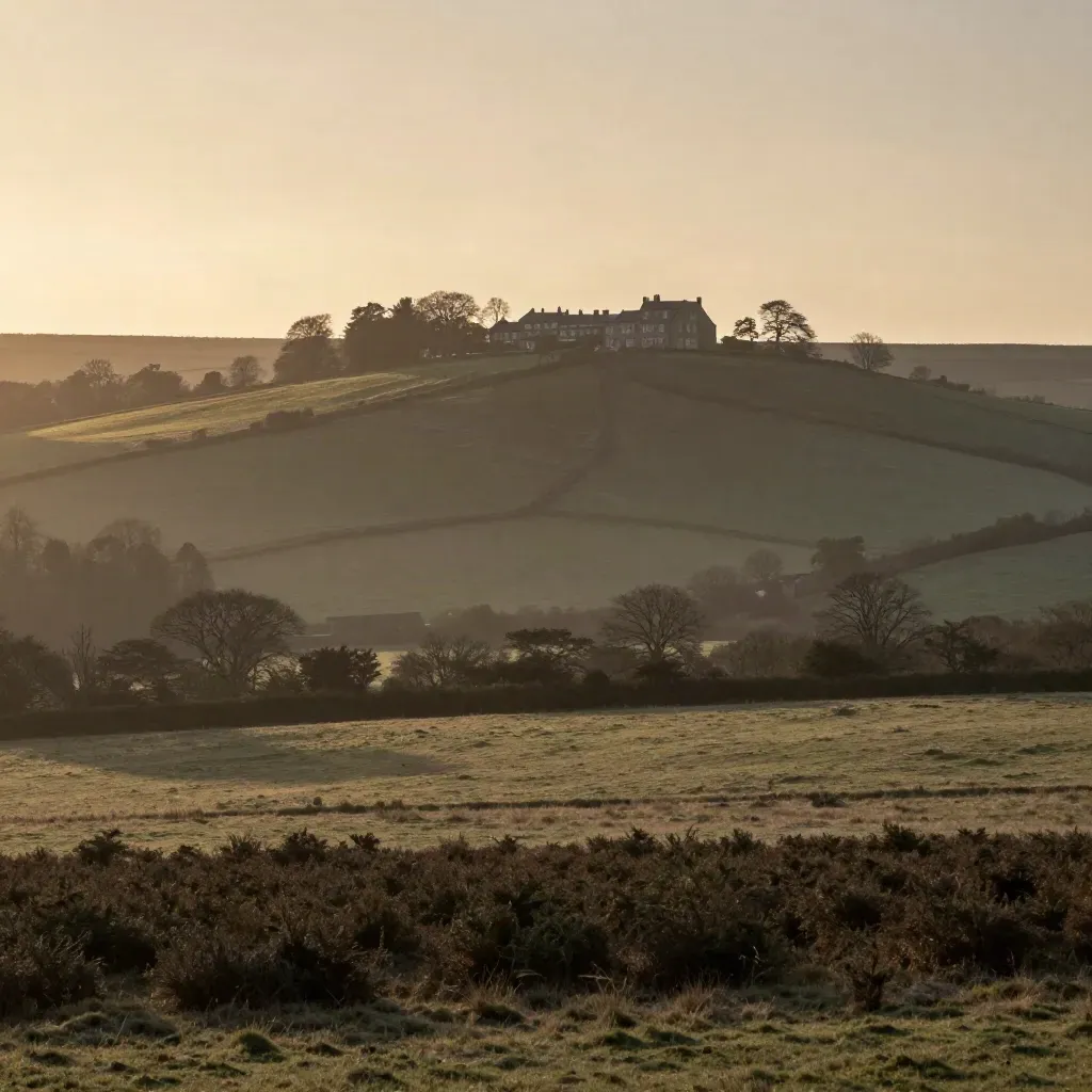 Sunset over a wooded Surrey ridge with a pale manor roofline and hazy green hills
