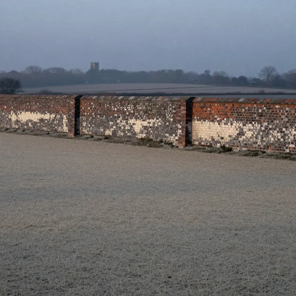 West Essex flint-and-brick wall above quiet winter fields with a distant church tower at blue hour.
