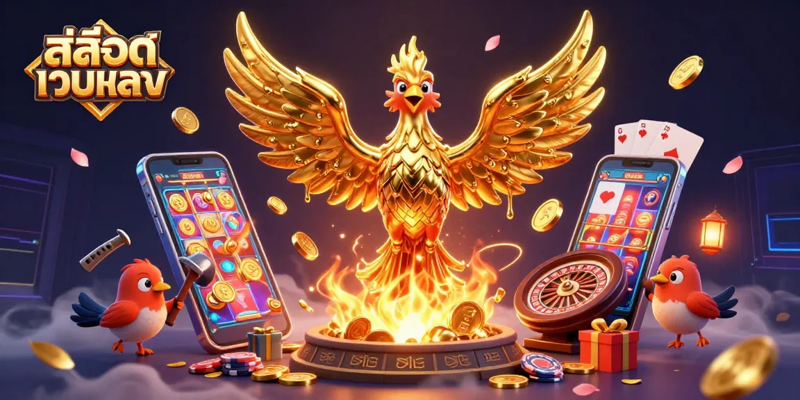 Experience สล็อตเว็บตรง excitement with a golden phoenix and dynamic gaming elements in a vibrant casino scene.
