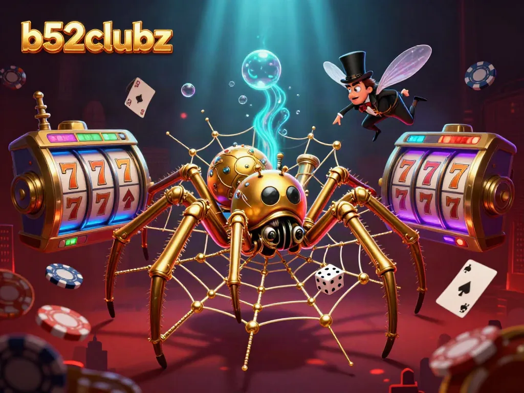 Engage with b52clubz's vibrant casino scene featuring a steampunk spider and dynamic game elements.