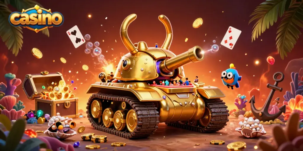 Experience a vibrant casino scene with a golden beetle tank, luxurious gems, and floating cards.