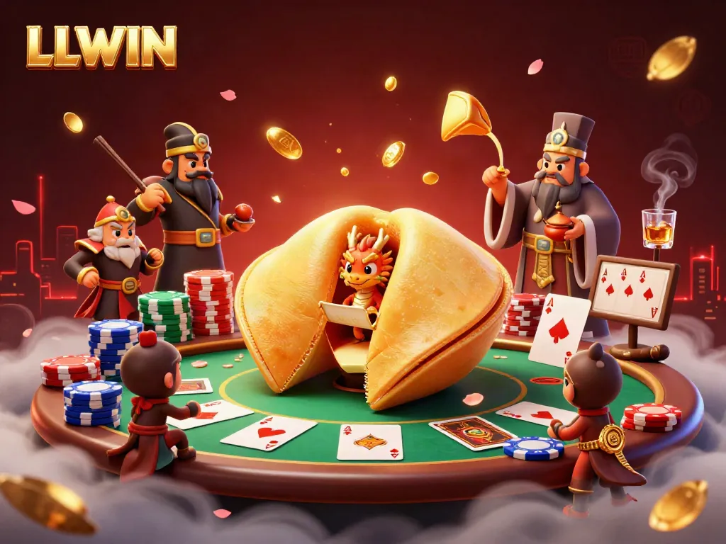 Engage with the festive atmosphere at LLWIN featuring golden tokens, poker elements, and a vibrant casino scene.