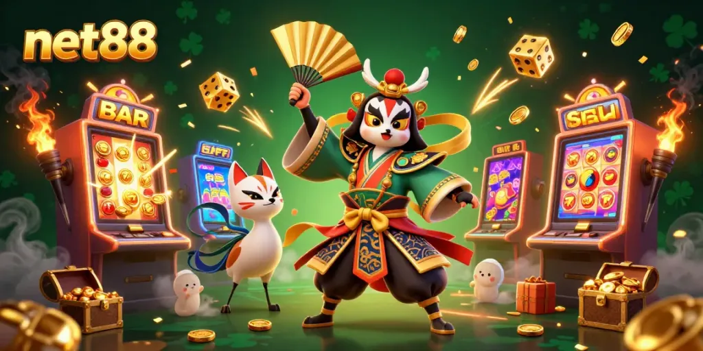 Engage with net88's thrilling slot machines in an enchanting, vibrant 3D casino scene.