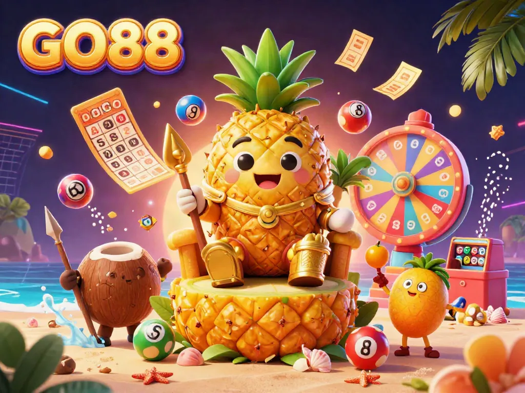 Experience GO88's vibrant casino atmosphere with the golden pineapple king and dynamic gaming elements.