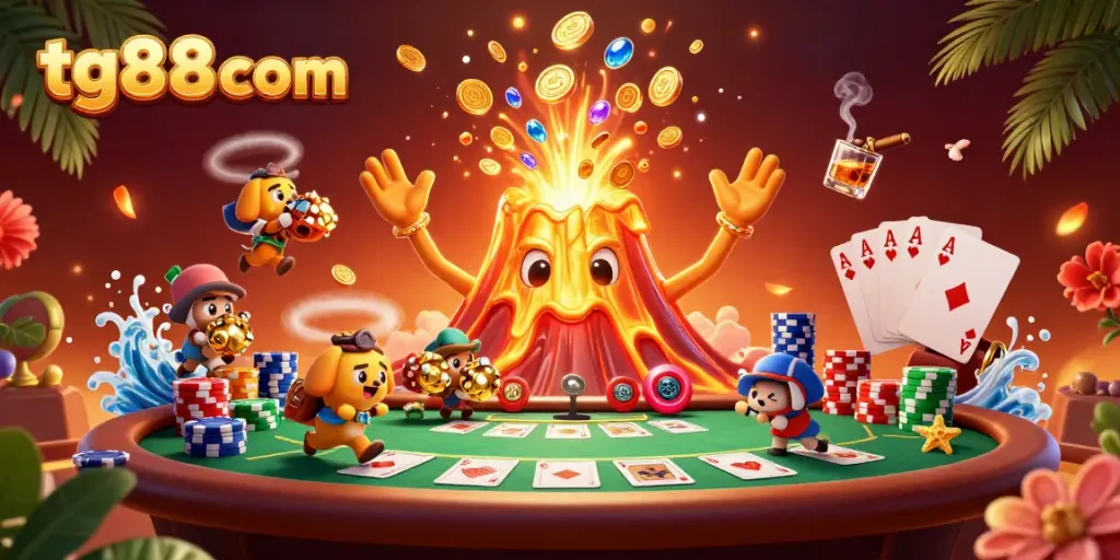 Engage with tg88com's thrilling casino experience featuring a golden volcano and piles of poker chips.